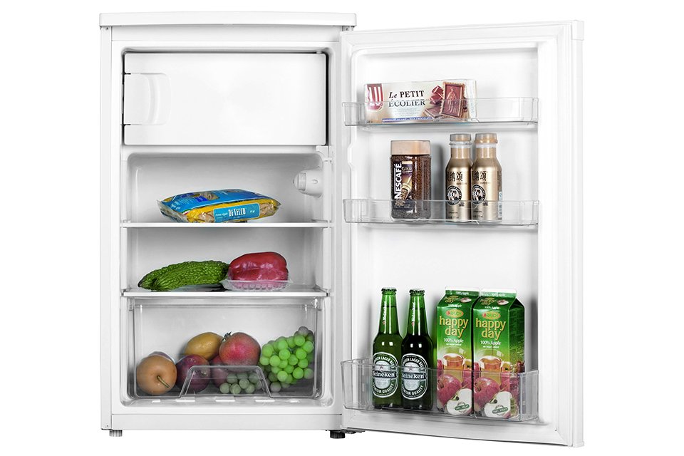 A Bush white under counter fridge.