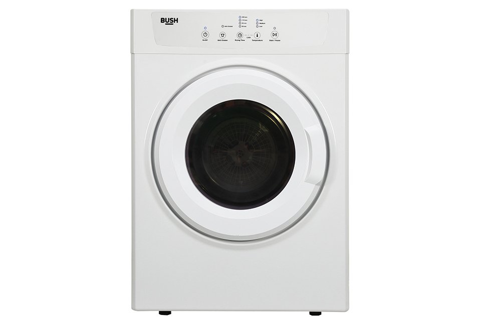 A white Bush vented 7kg tumble dryer.