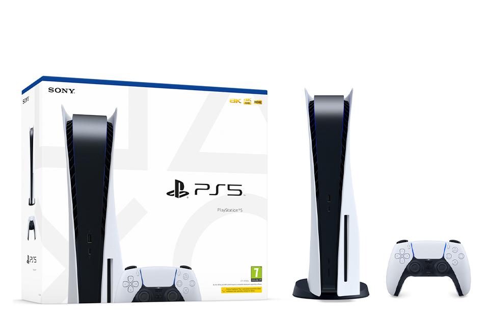 A PS5 console, controller and box.