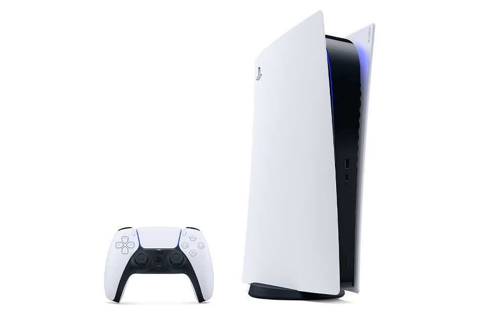 A PS5 Digital console and controller.