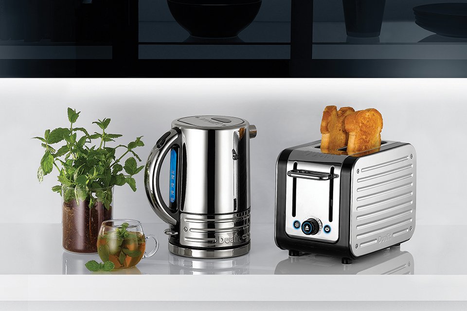 Dualit 2.3kW Architect kettle with 1.5 litre capacity in grey body with stainless steel panels. 