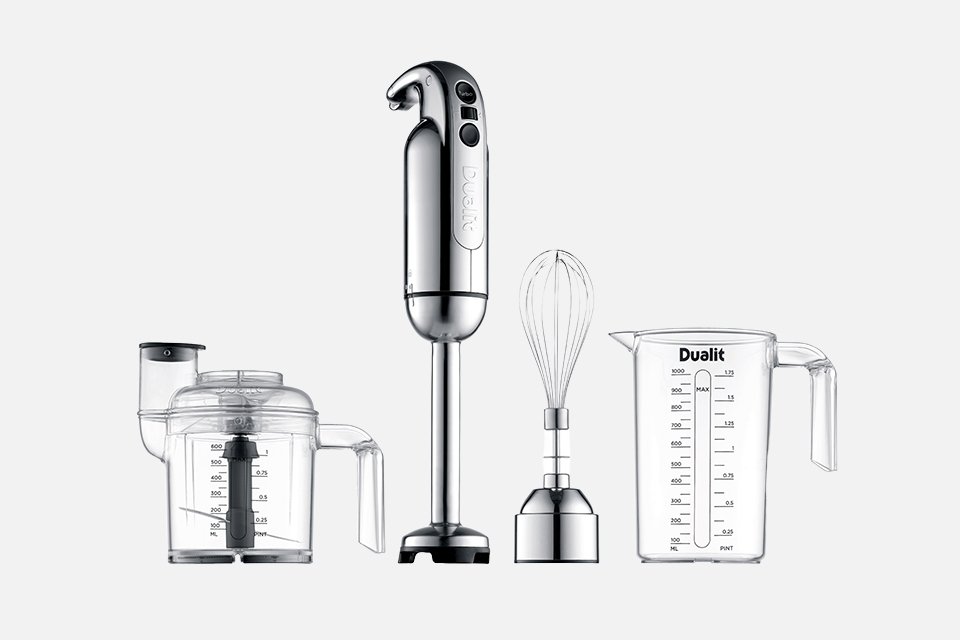 A stainless steel Dualit hand blender with attachments. 