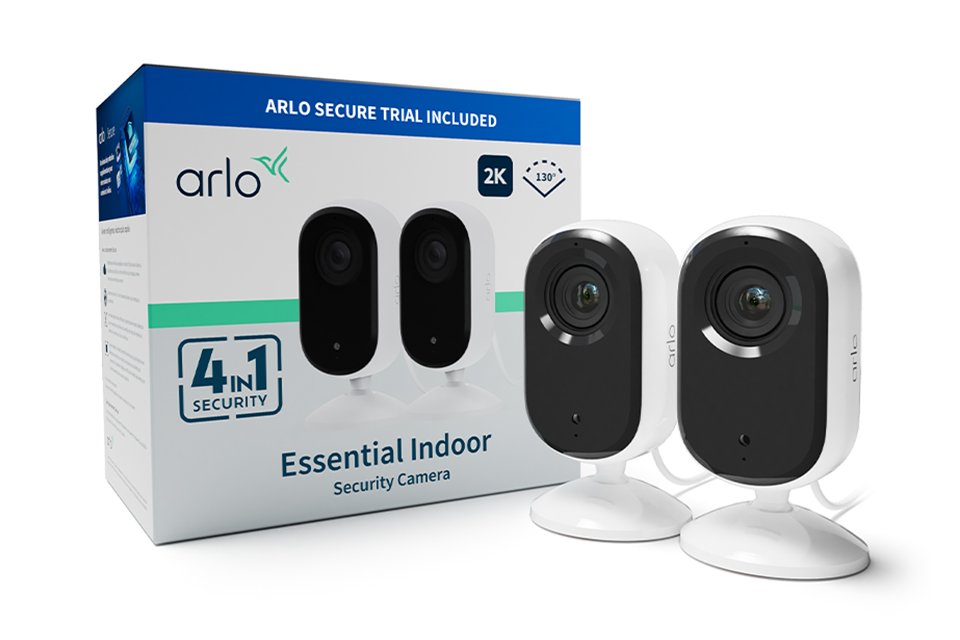 A pack of two Arlo Essential 2K 4-in-1 indoor security camera. 