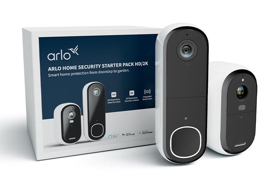 Arlo front video doorbell and back garden security camera set. 