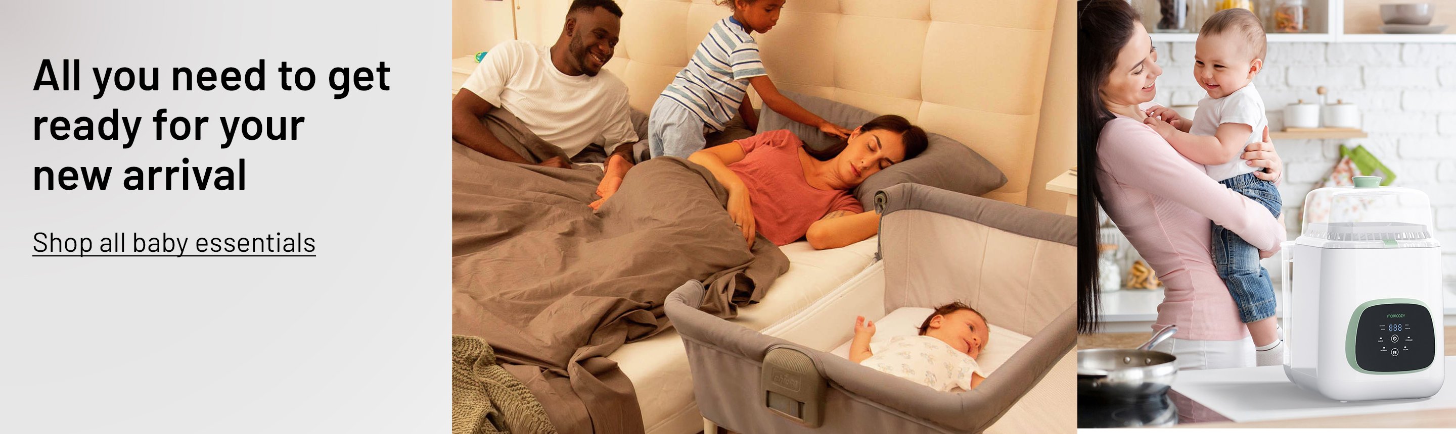 A baby essentials banner showing parents looking at their new baby in a bedside crib and a bottle steriliser.