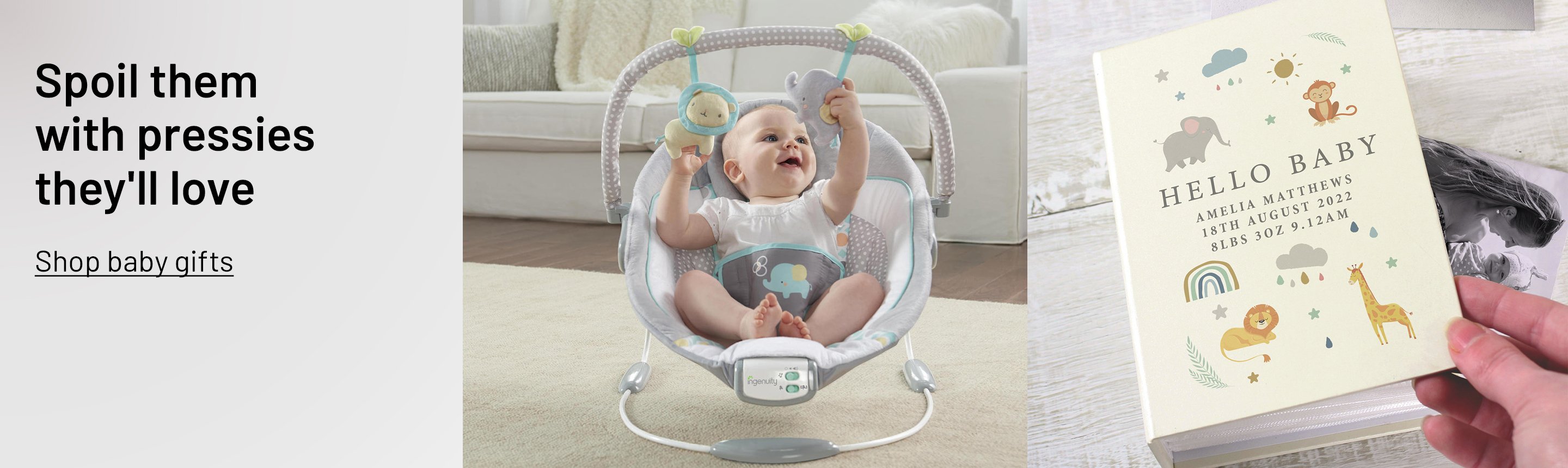 A baby gifts banner showing a baby in an Ingenuity Morrison Soothing Baby Bouncer and a personalised baby book.