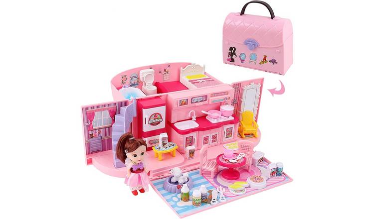 deAO 2-in-1 Portable Dollhouse Toy Set - Pink
