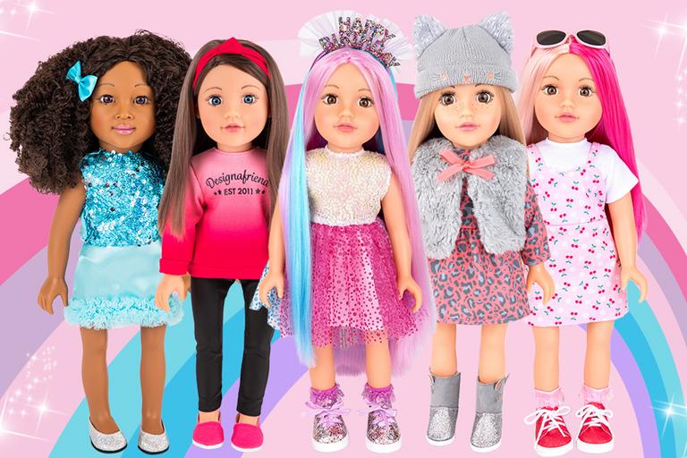 A set of 5 DesignaFriend dolls in colourful outfits against a rainbow background.