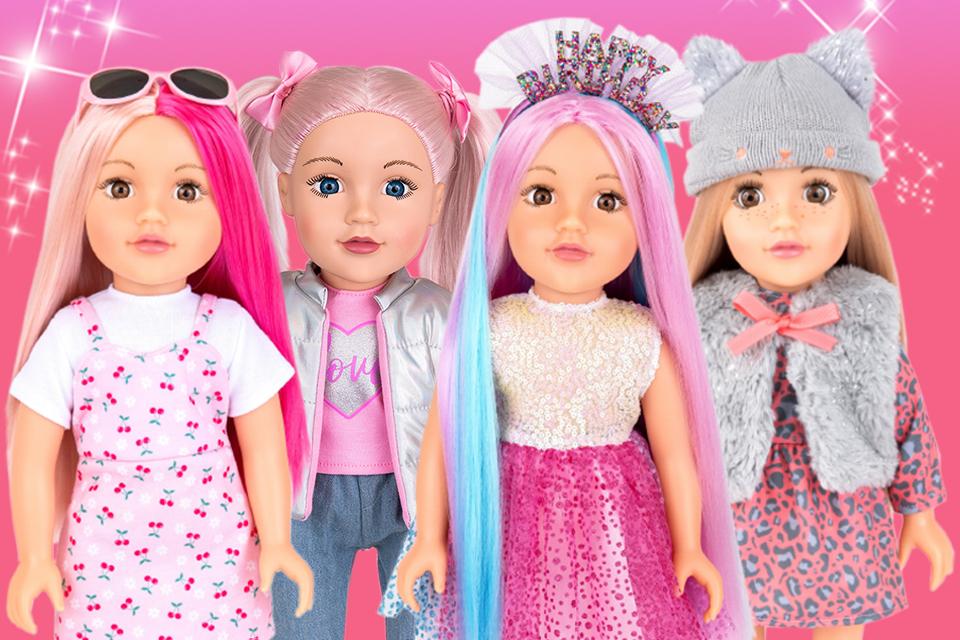 A set of 4 DesignaFriend dolls with colourful outfits.