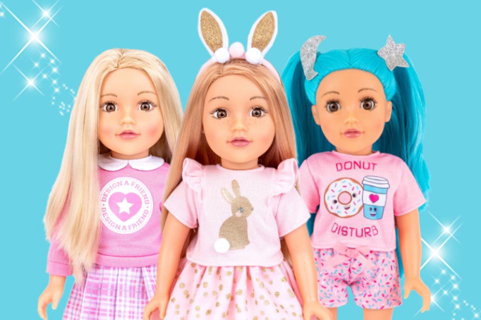 A set of 3 DesignaFriend dolls with colourful outfits and accessories.