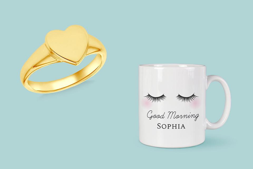 9ct Gold Plated Personalised Heart Signet Ring and Personalised Mug Choice Kit.