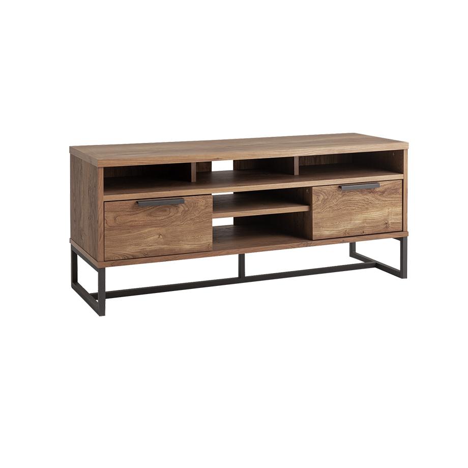 An industrial style TV unit with 2 drawers and open  storage.