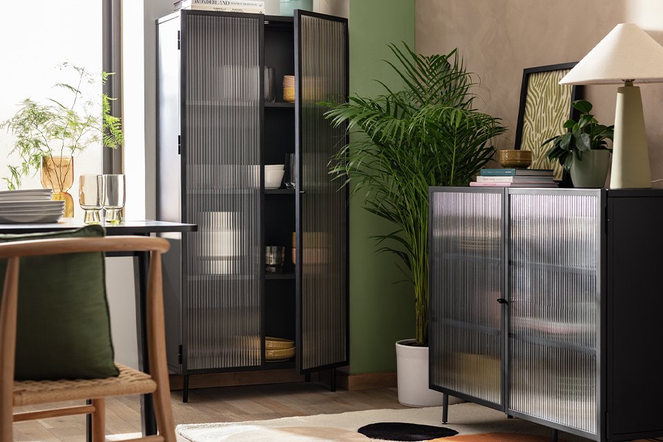 A 2-door glass display cabinet in black.