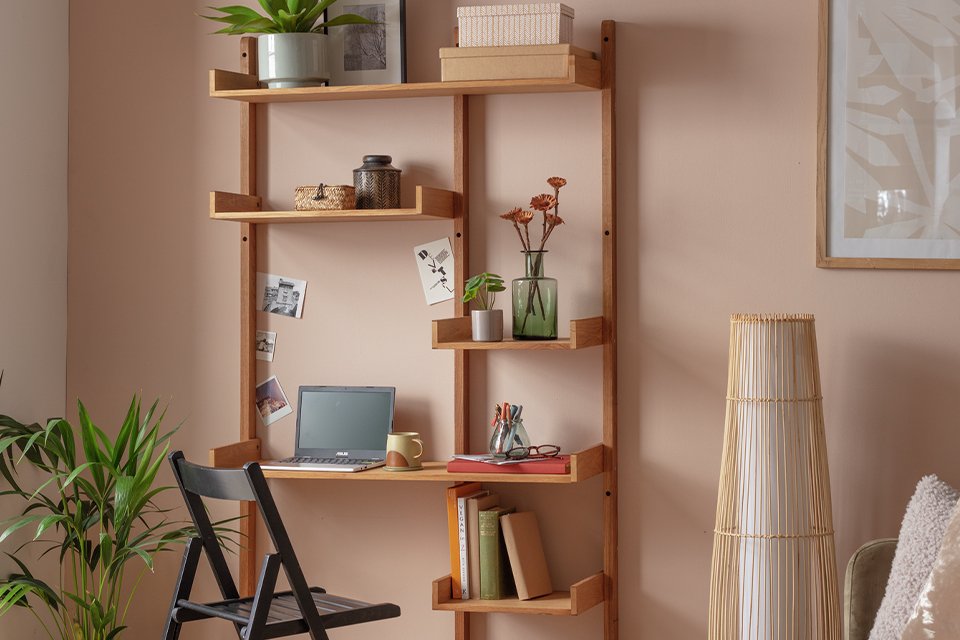 A solid wood modular wall shelf.