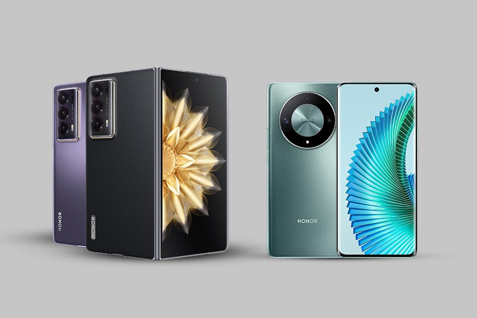 A black, purple and an emerald green HONOR Magic V2 and Magic6 Lite smartphones.