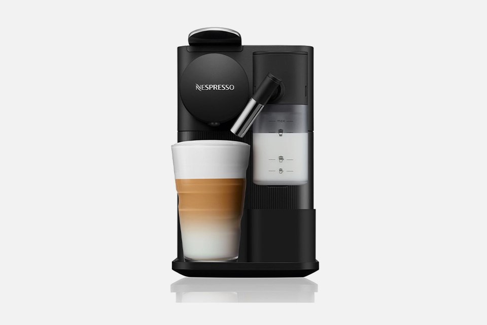 A black Nespresso Lattissima One Pod coffee machine.