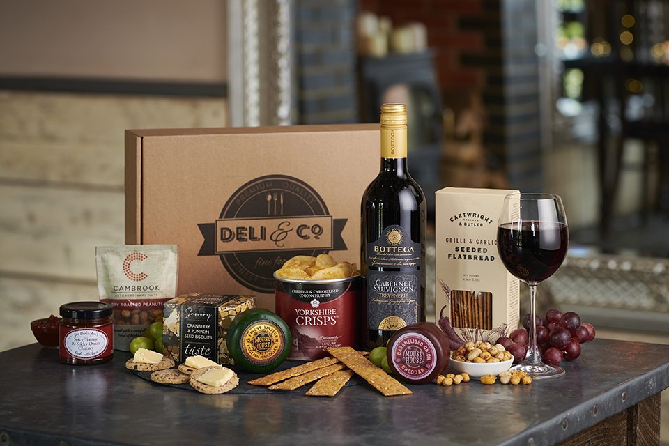 A gift hamper with wine.