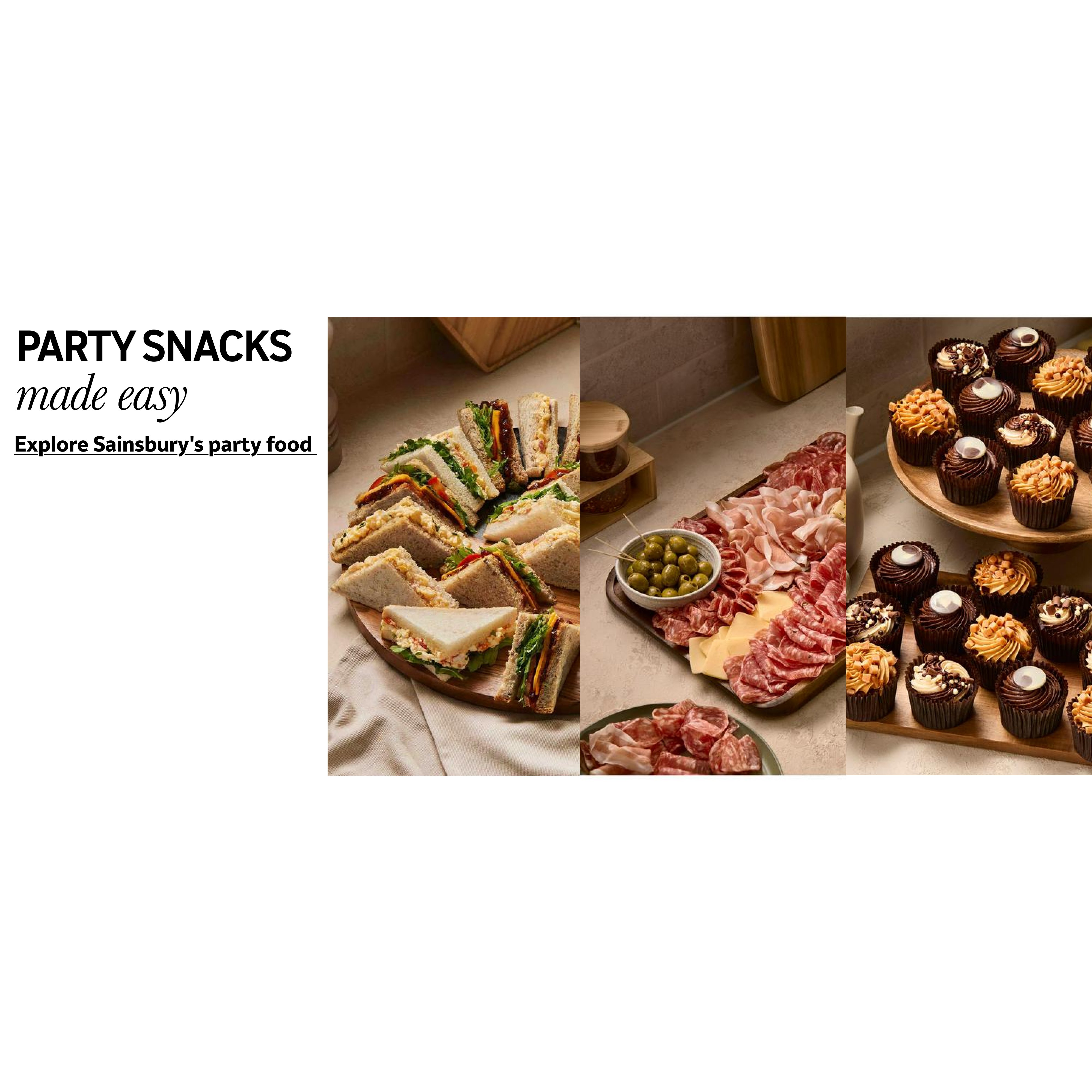 : A split image of different party snacks by Sainsbury's including sandwiches, cupcakes, and Charcuterie & Antipasti Grazing Selection.