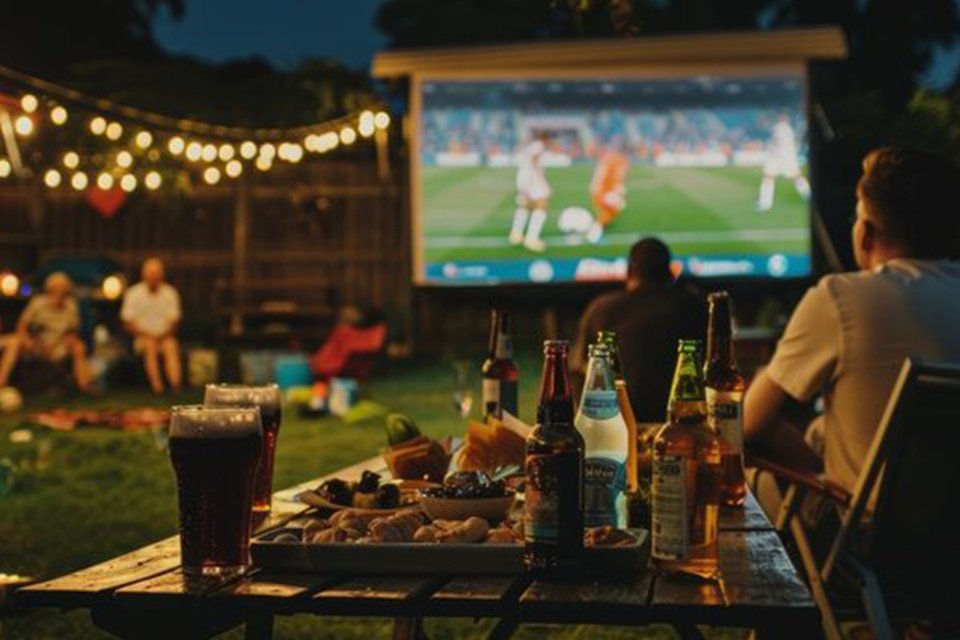 A group of friends at a garden football watching party.