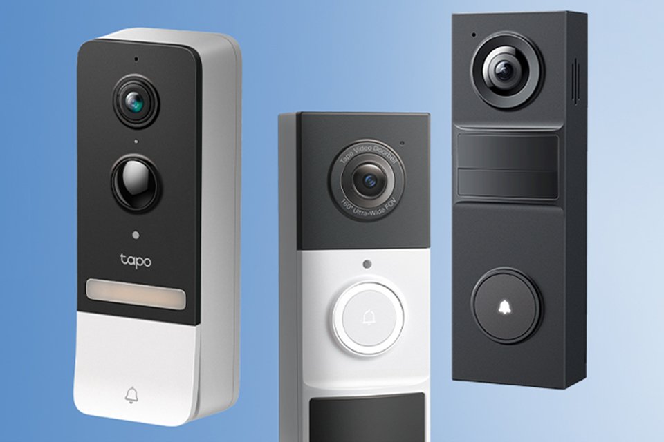 Three TP-Link Tapo smart video doorbells displayed against a blue background. 