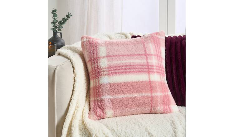 OHS Winter Check Teddy Cushion Covers 45 x 45cm - Blush