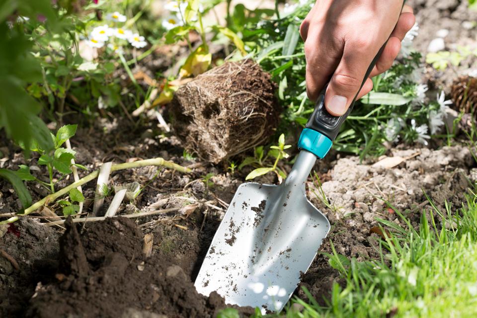 A GARDENA Hand trowel is used to dig in mud.