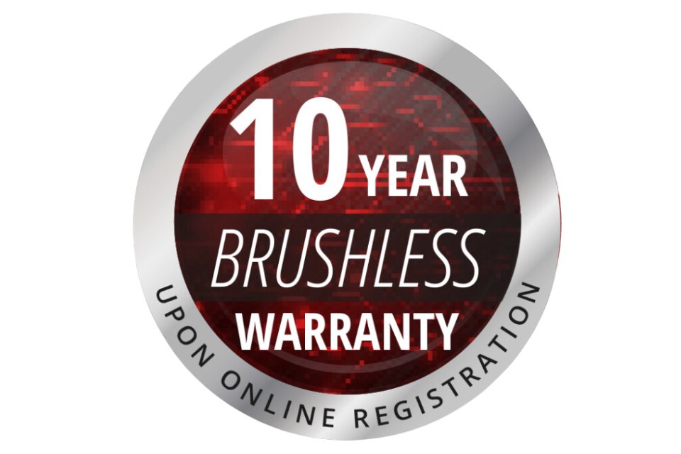  A circular logo showing 10 year brushless warranty text written on maroon patterned background. 