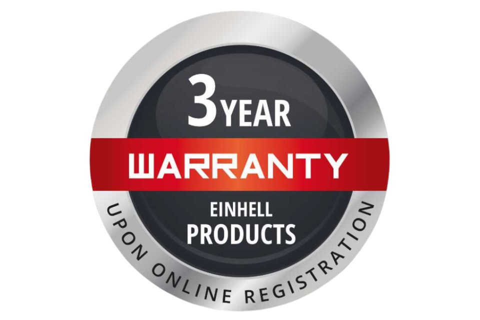 A circular logo showing 3 year warranty Einhell products text written on dark grey background. 