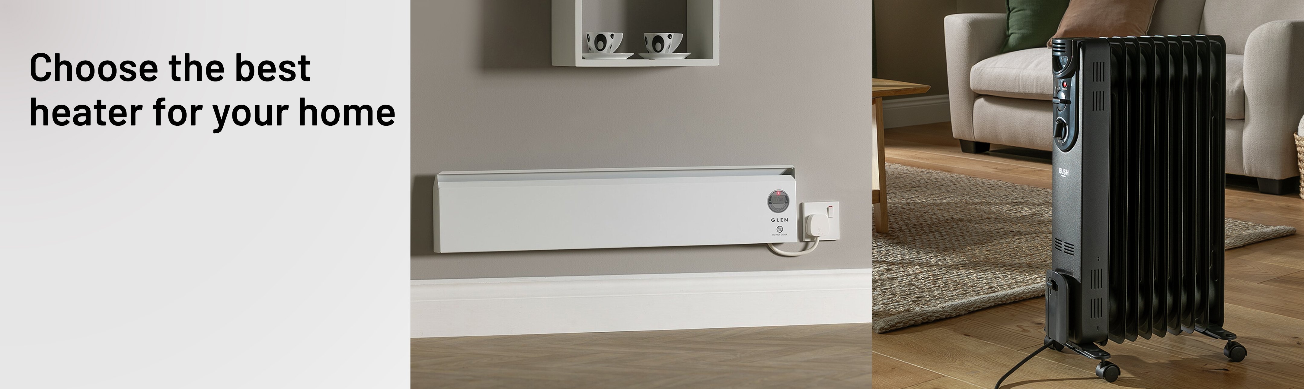 A split image of Glen 500W Wall Mounted or Freestanding Skirt Heater on one side and Bush 2kW Oil Filled Radiator on the other side.