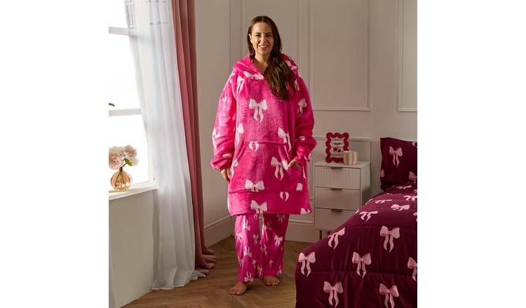 OHS Bow Print Hoodie Blanket - One Size - Hot Pink
