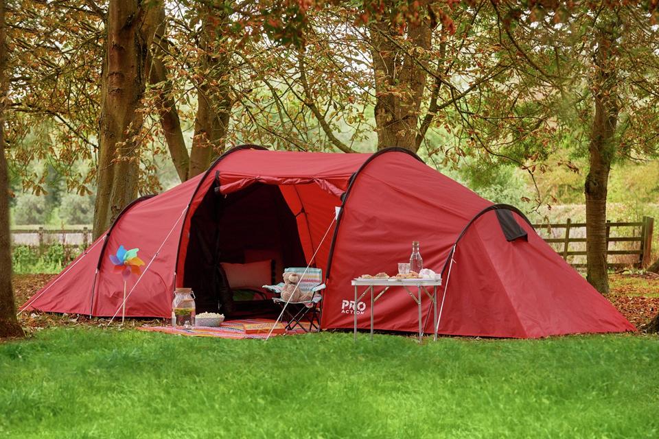 Red camping tent.