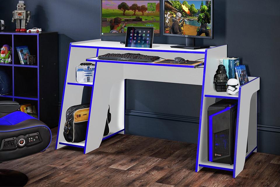 A blue and white gaming desk with storage by Virtuoso Horizon.