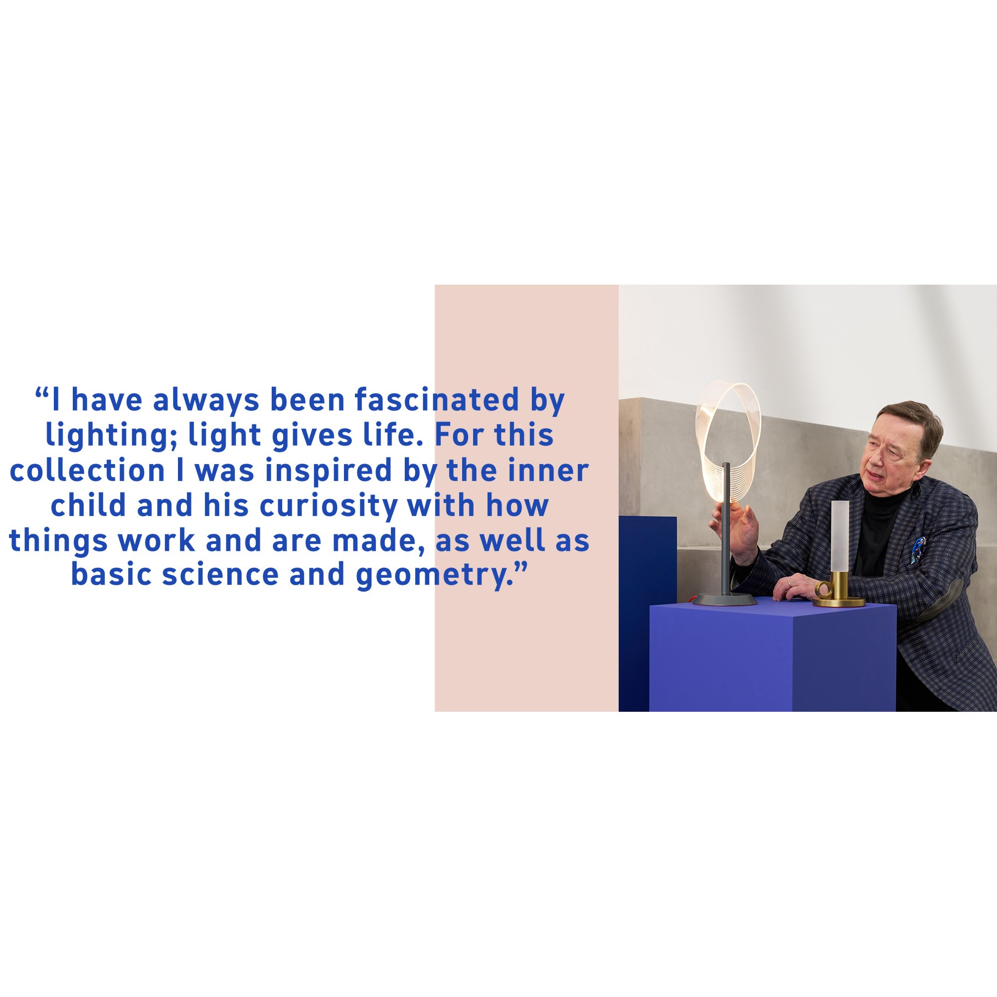 Sebastsian Conran sitting next to table lamps.