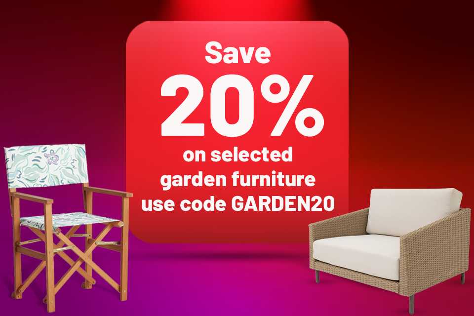Save 20% on selected garden furniture use code GARDEN20 at the checkout. Save on patio sets, chairs, gazebos and more.