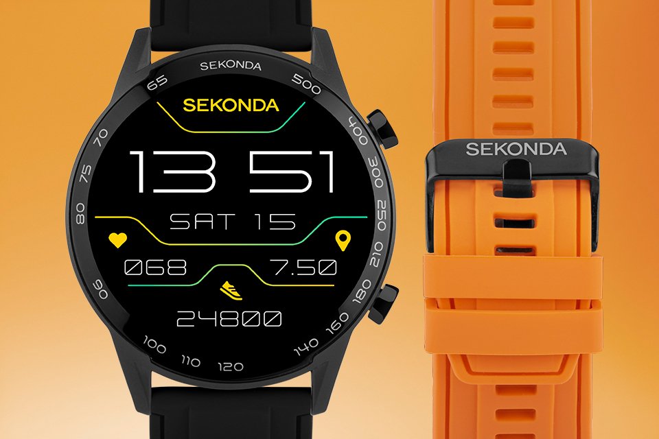 A Sekonda men's black smartwatch with free orange strap.