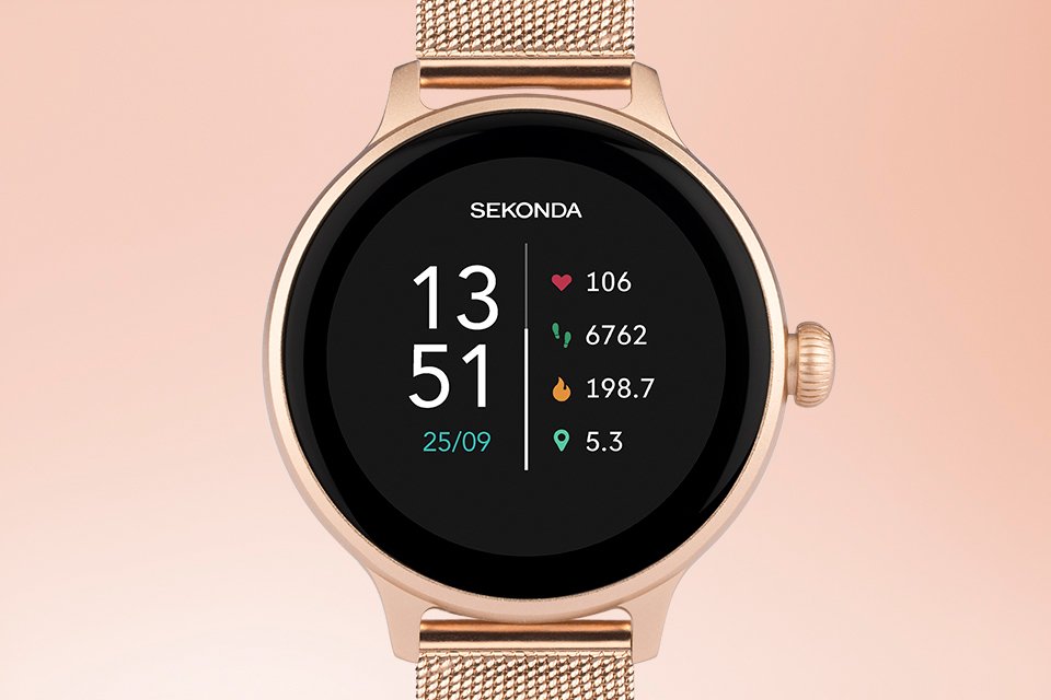 A Sekonda women's rose gold mesh strap smartwatch.