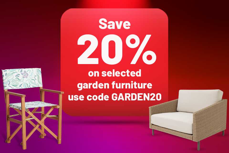 Save 20% on selected garden furniture. Use code GARDEN20. Get your garden gear. Includes patio sets, chairs, gazebos & much more. 