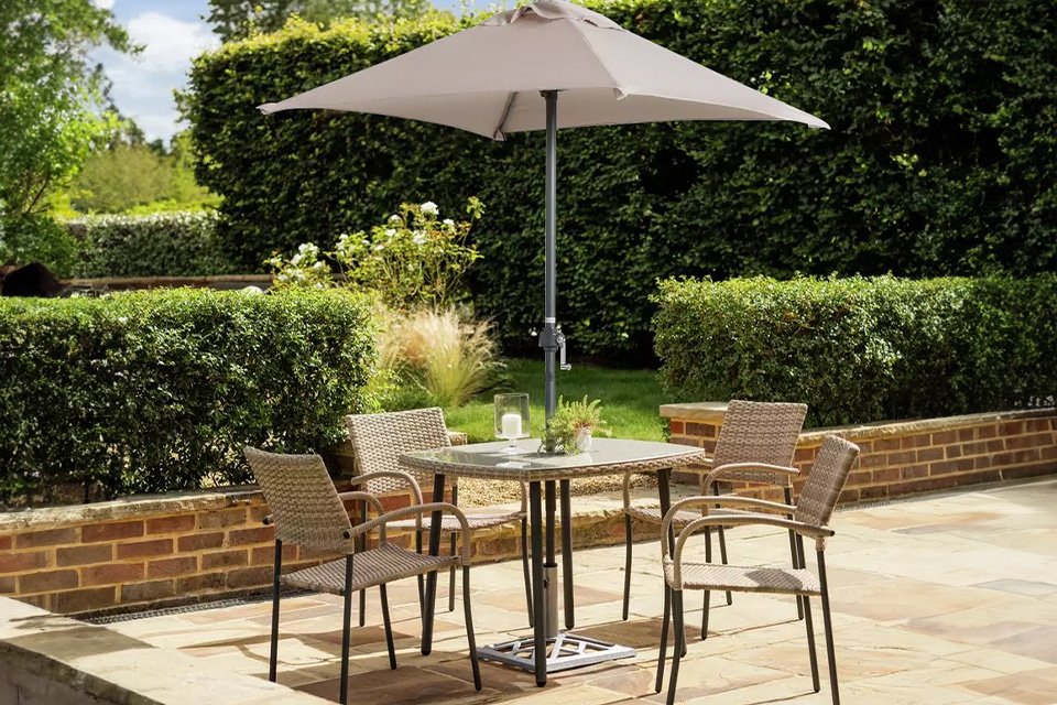 patio scene with table, chairs and parasol