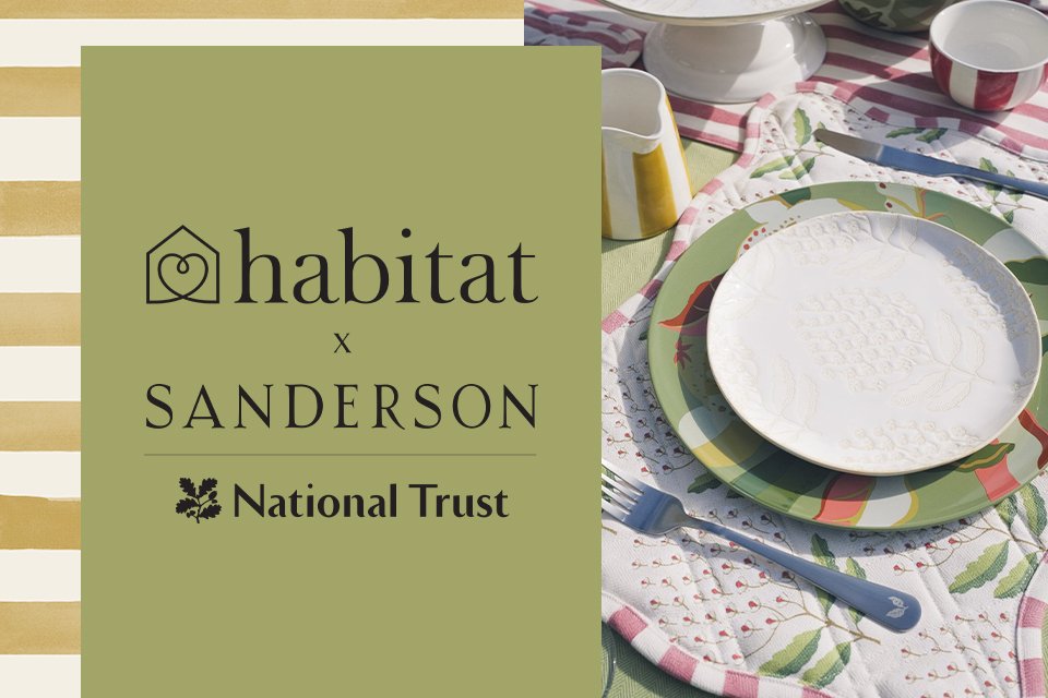 A banner image of Habitat x Sanderson National Trust collaboration with an image of tableware placed outdoors in the background.