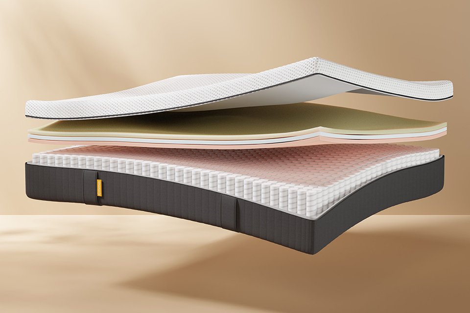 Cutaway view of an Emma Original mattress with layered foam and pocket spring construction. 