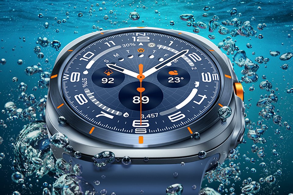 Samsung Galaxy Watch Ultra displayed against an aqua background.