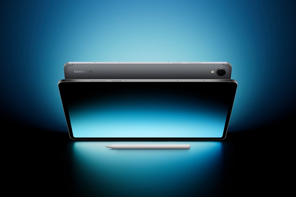 Samsung Galaxy Tab S11 with S Pen displayed against a blackish blue background.