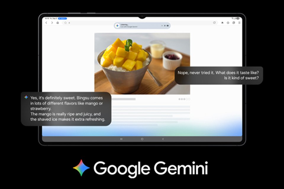 Tablet showing an image of a dessert with different Google Gemini prompts surrounding it. 