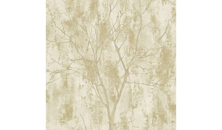 Grandeco Venetian Tree Textured Distressed Concrete Stone Wallpaper - Gold
