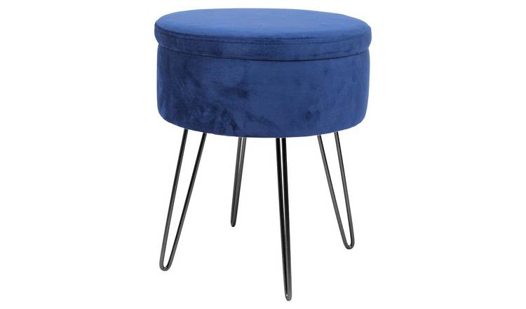 Harbour Housewares Round Velvet Storage Footstool - H45 x D36cm - Blue/Black