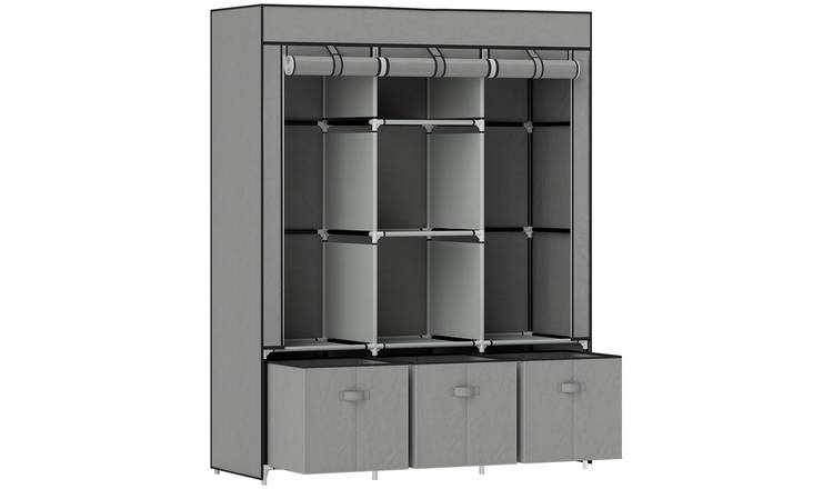 HOMCOM Fabric Wardrobe with 5 Shelves 2 Rails and 3 Drawers - Light Grey
