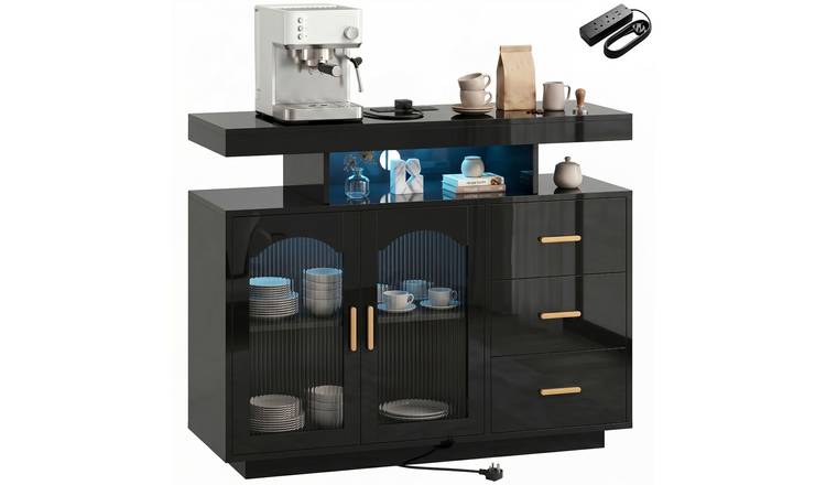 HOMCOM Modern High Gloss LED Sideboard with Built in Power Outlets - Black