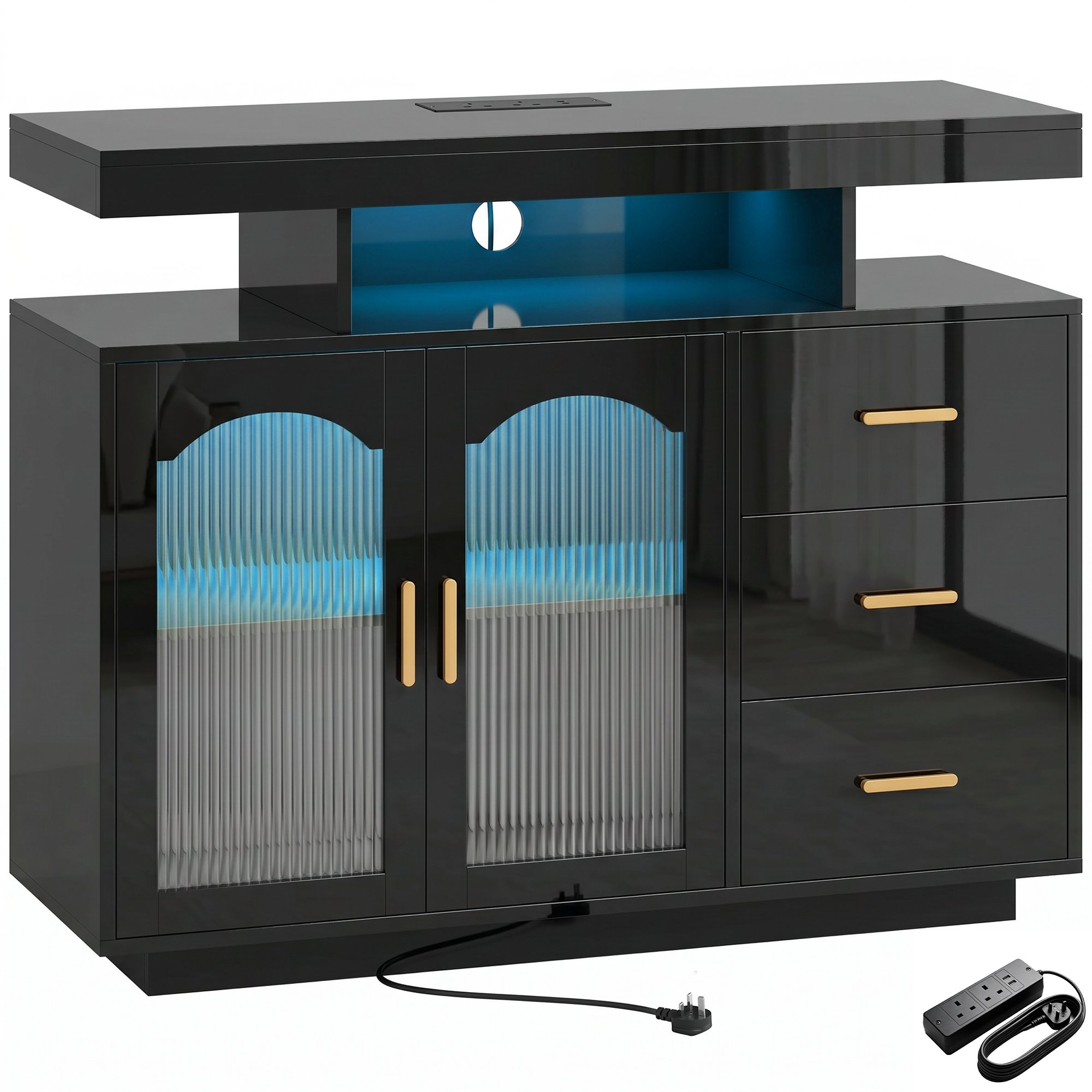 HOMCOM Modern High Gloss LED Sideboard with Built in Power Outlets - Black - Image 2