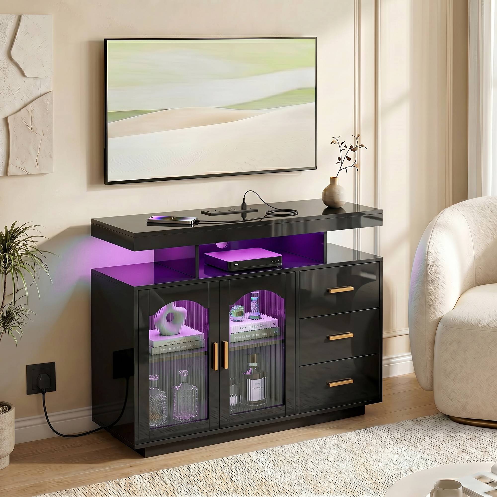 HOMCOM Modern High Gloss LED Sideboard with Built in Power Outlets - Black - Image 3