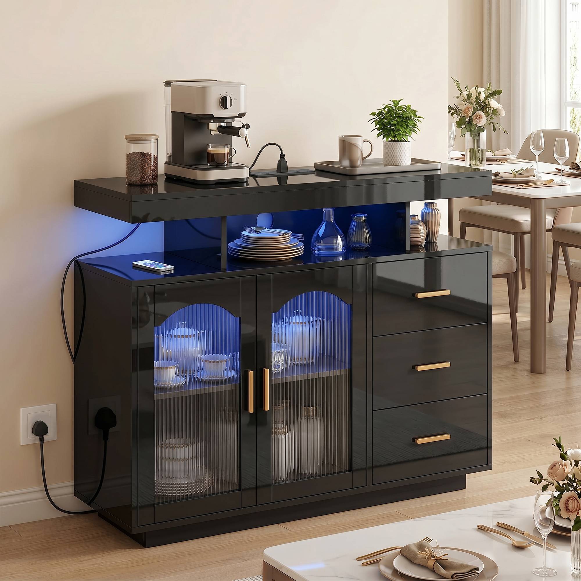 HOMCOM Modern High Gloss LED Sideboard with Built in Power Outlets - Black - Image 4